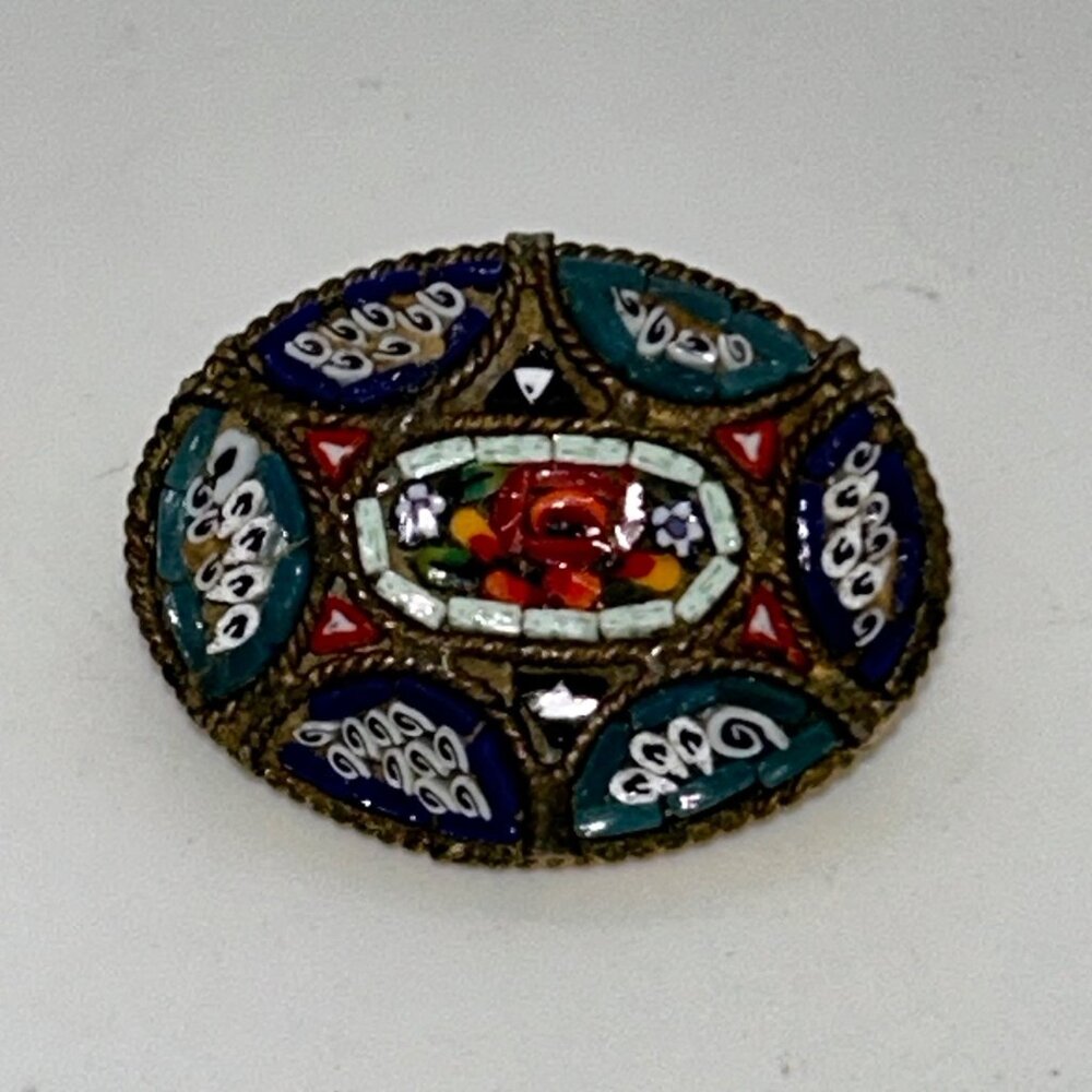 Vintage IMicro Mosaic Oval Brooch Floral Gold-Tone C-Clasp Made in Italy - Picture 1 of 16